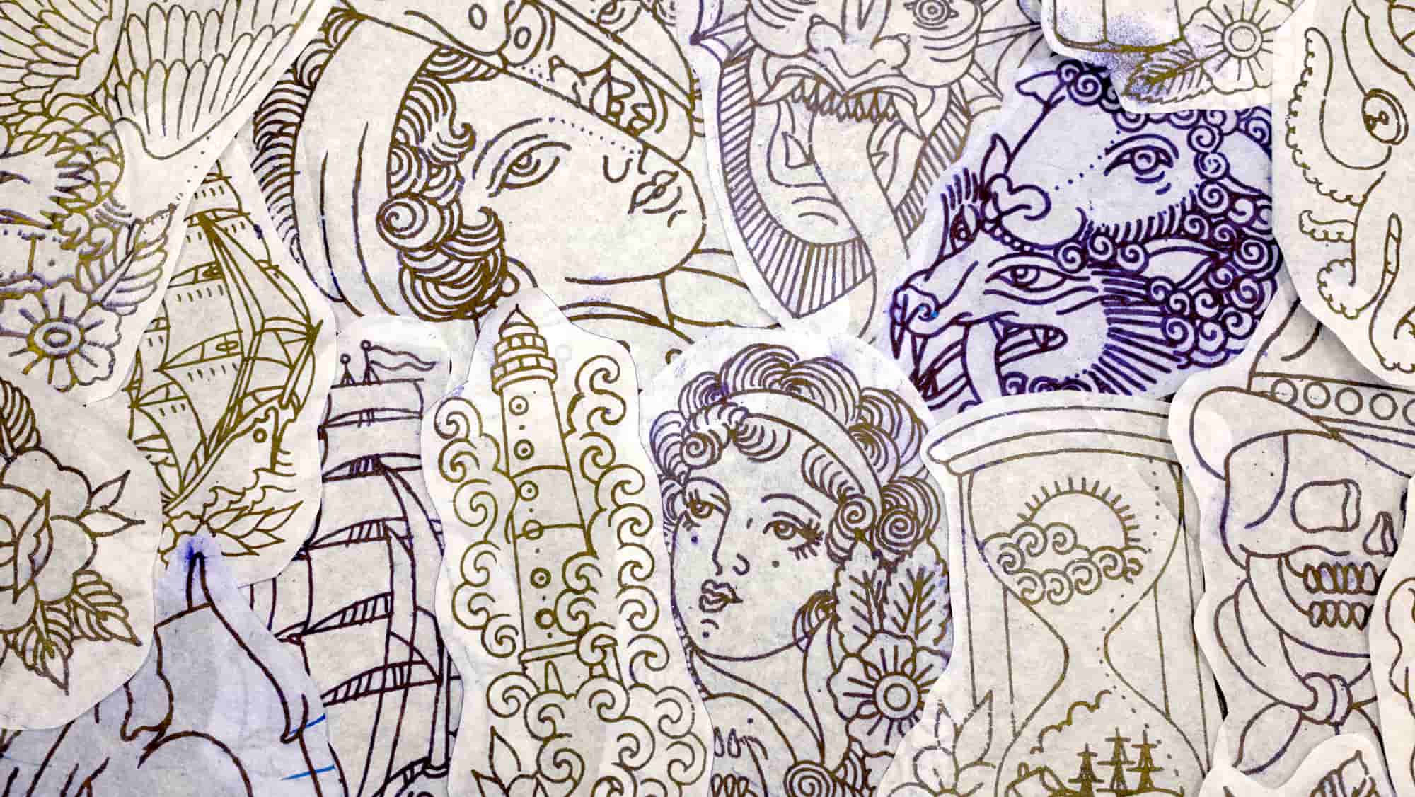 Stencil-Vorlagen klassischer Oldschool Tattoos wie Schiffe, Ladyheads, Sanduhr, Schädel und Schiffe – handgezeichnet im Studio Good Old Times Tattoo in Berlin Mitte.