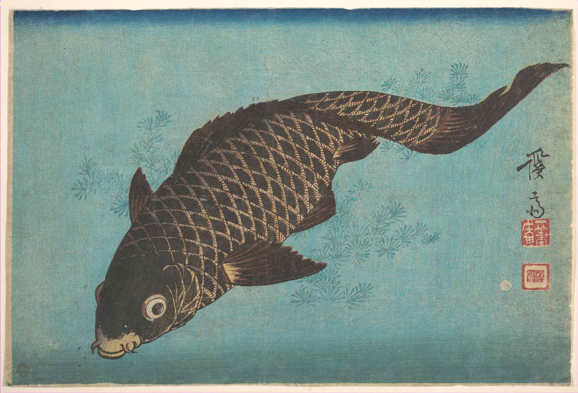 Traditioneller Holzschnitt eines Koi von Hiroshige – Inspiration für japanische Tattoos