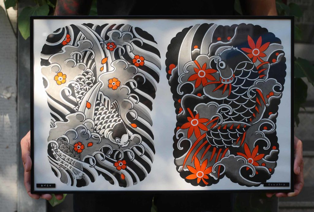koi tattoovorlagen mit Kirschblüten und Ahornblättern