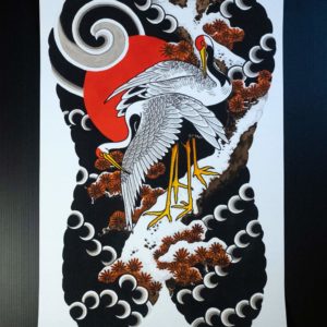 painted backpiece of Japanese cranes