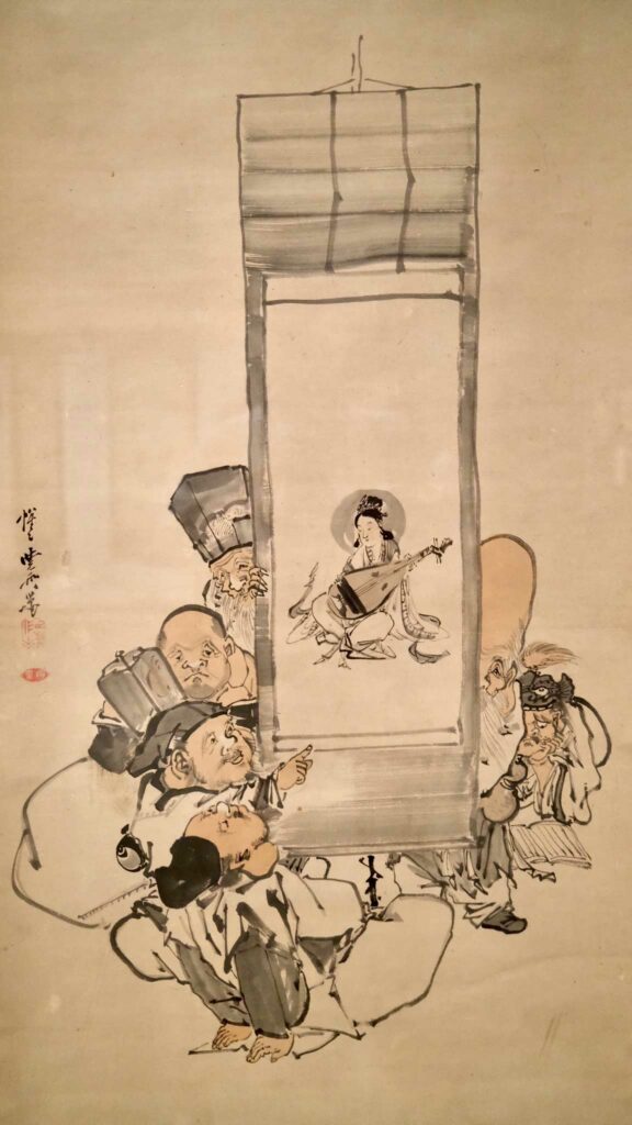 Six lucky gods, with Benzaiten on a hanging scroll