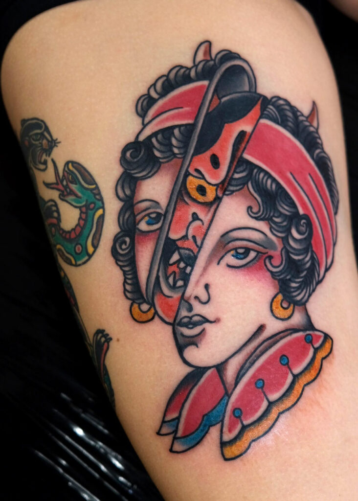 traditional lady head with devil by Swen Losinsky at good old times tattoo berlin