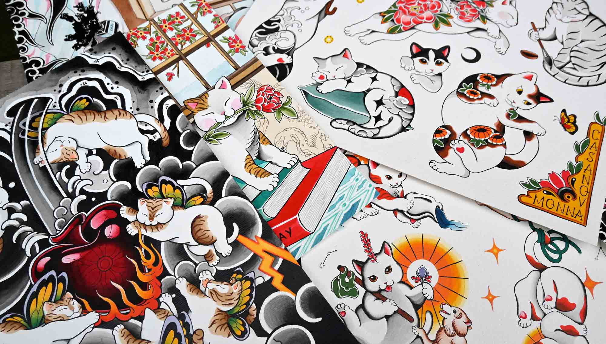 flash collection of japanese inspired cat tattoos available at good old times berlin